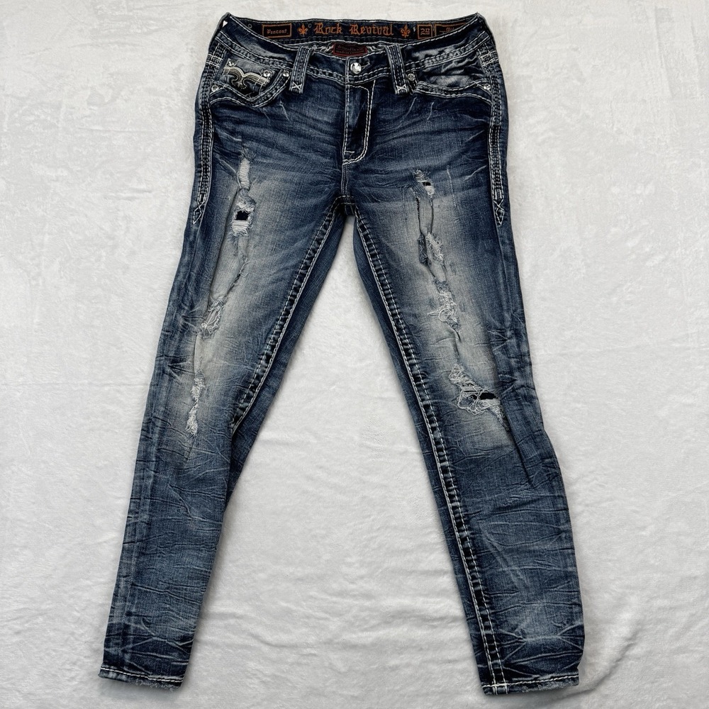 Rock Revival Jeans Women Size 29 Peacoat Skinny Distressed Ankle Rhinestones Y2k